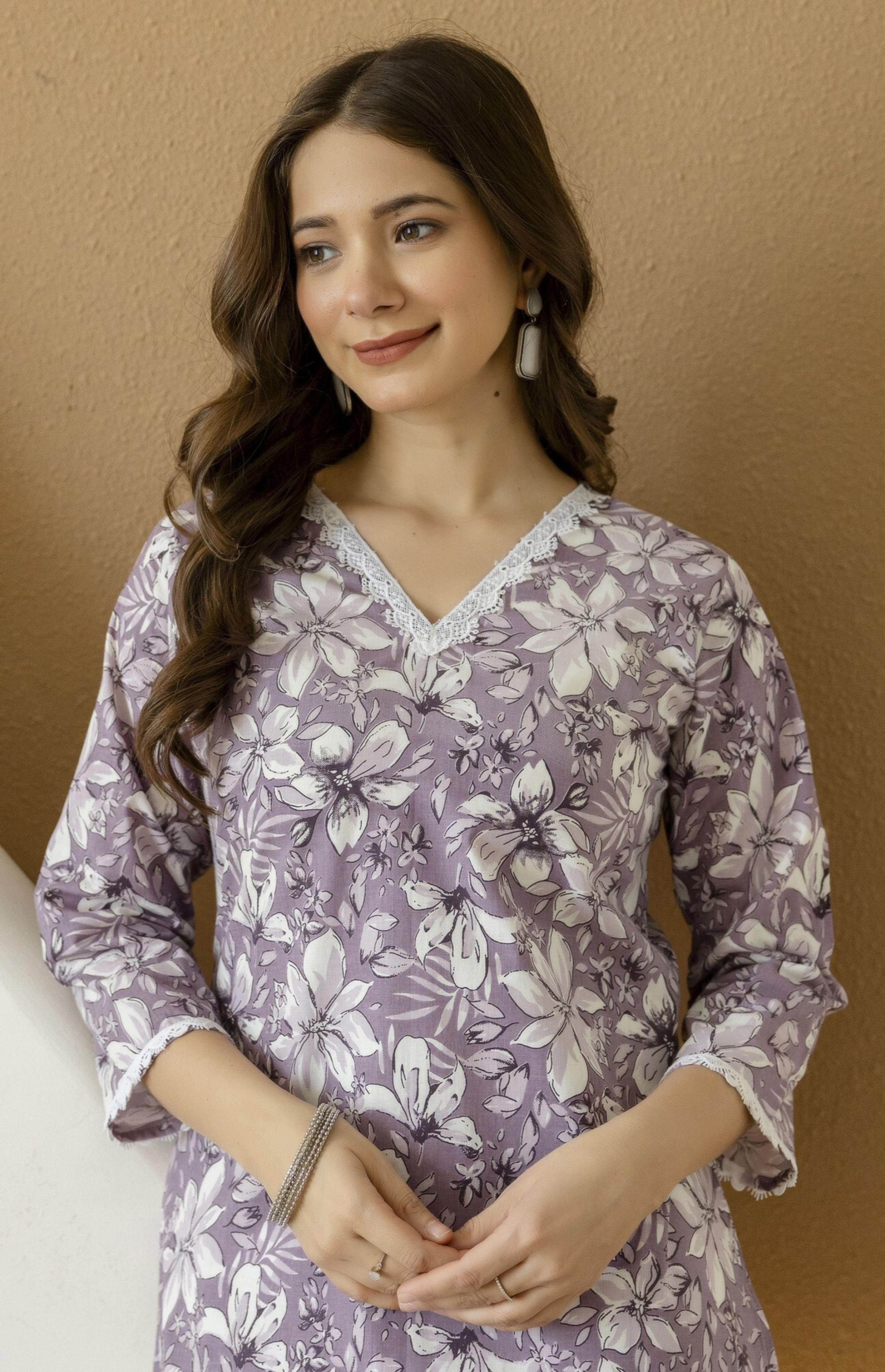 AHMI Women Printed Straight Kurta(Purple) - 80% off at DetectaDeal