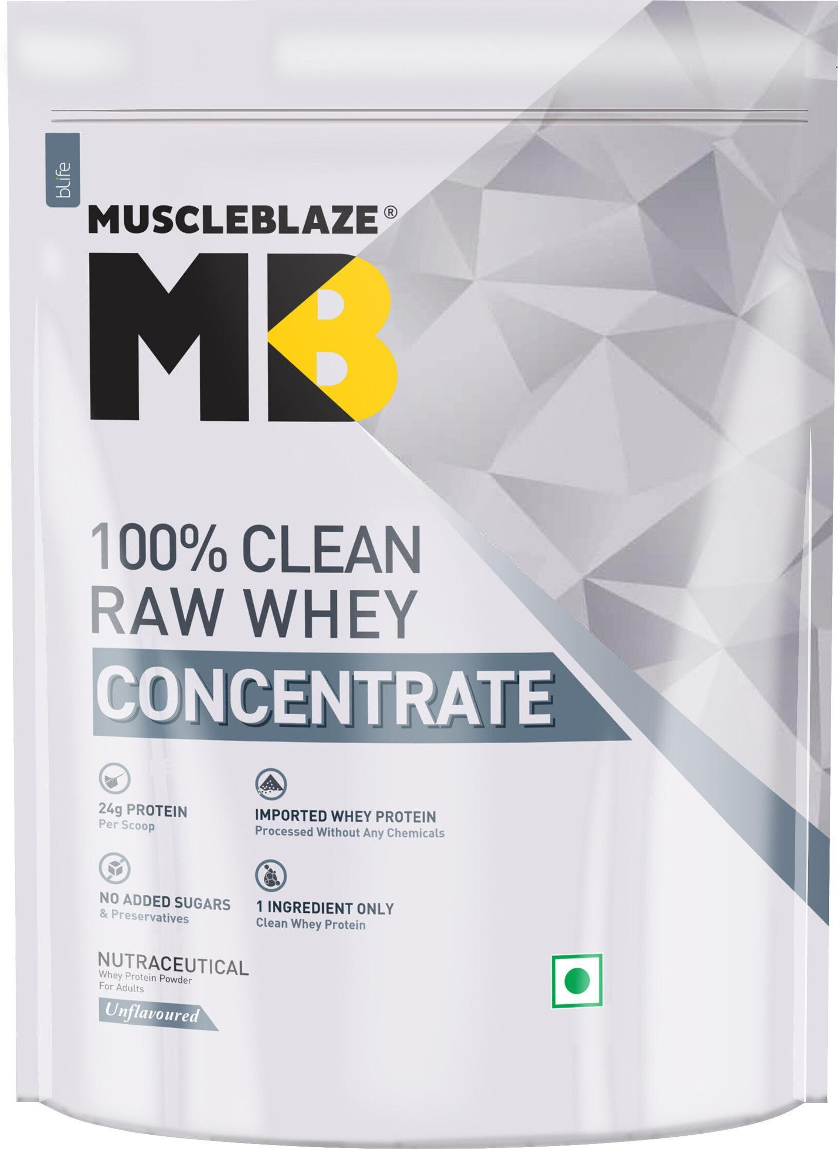 MUSCLEBLAZE 100% Clean Raw Concentrate, Light & Clean, Easy to Digest Whey Protein(500 g, Unflavored) - 26% off at DetectaDeal