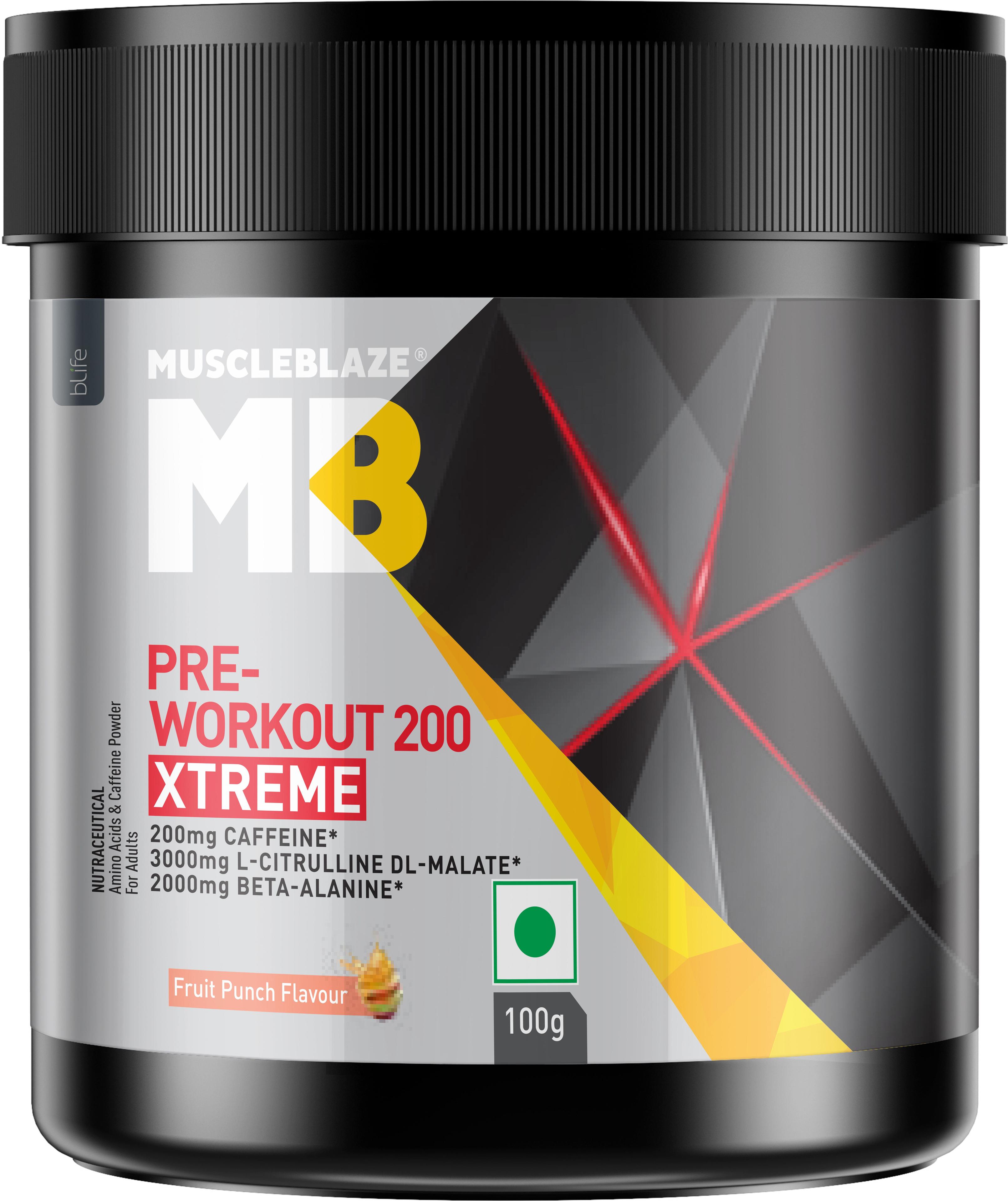 MUSCLEBLAZE 200 Xtreme, 200mg Caffeine, 2000mg Beta Alanine, 3000mg Citrulline Pre Workout(100 g, Fruit Punch) - 10% off at DetectaDeal