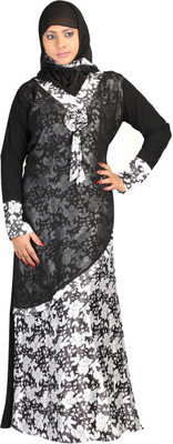 Hawai WB00236 Crepe Printed Burqa With Hijab(Black, White)