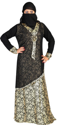 Hawai WB00231 Crepe Printed Burqa With Hijab(Black, Yellow)