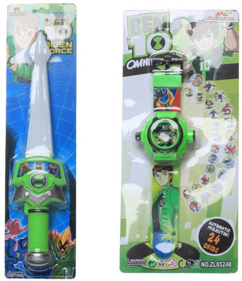 

kts khalsa toys and sales BEN 10 24 IMAGE PROJECTOR and MUSICAL BEN 10 LIGHTING SWORD WATCH GIFT FOR KID(Multicolor)