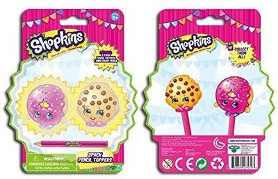 

Shopkins 2 Pack Pencil Toppers Figure Set with Pencil Includes: Kooky Cookie & D'lish Donut(Pink)