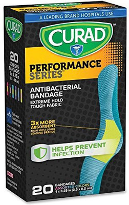 

Curad Performance Series Antibacterial Bandages, Assorted Colors, 1 x 3.25 inch (2.5 x 8.2 cm), 20 ea Adhesive Band Aid(Set of 12)