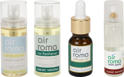 

Airroma Aqua Lime Fresh, Magic Mogra, Mogra Flower, Sweet Sandal Aroma Oil, Spray(350 ml)