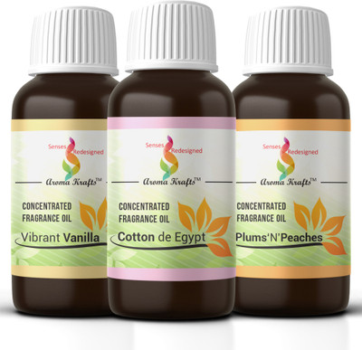 

Aroma Krafts Vibrant Vanilla, Cotton de Egypt, Plums 'N' Peaches Aroma Oil(45 g)