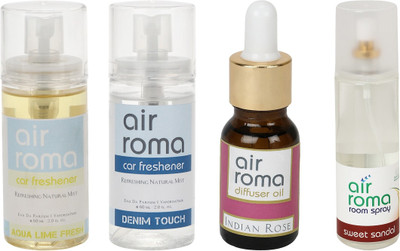 

Airroma Aqua Lime Fresh, Denim Touch, Indian Rose, Sweet Sandal Car Freshener(350 ml)