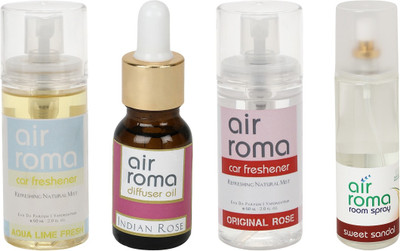 

Airroma Aqua Lime Fresh, Indian Rose, Original Rose, Sweet Sandal Car Freshener(350 ml)