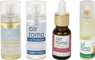 

Airroma Aqua Lime Fresh, Denim Touch, Indian Rose, Magic Mogra Aroma Oil, Spray(350 ml)