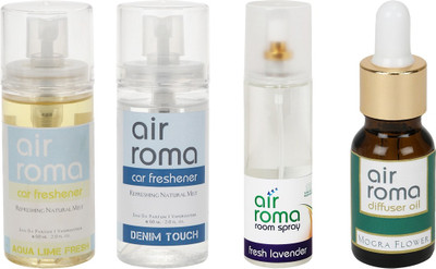 

Airroma Aqua Lime Fresh, Denim Touch, Fresh Lavender, Mogra Flower Aroma Oil, Spray(350 ml)