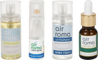 

Airroma Aqua Lime Fresh, Atlantic Breeze, Denim Touch, Mogra Flower Car Freshener(350 ml)