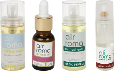 

Airroma Aqua Lime Fresh, Indian Rose, Magic Mogra, Sweet Sandal Car Freshener(350 ml)