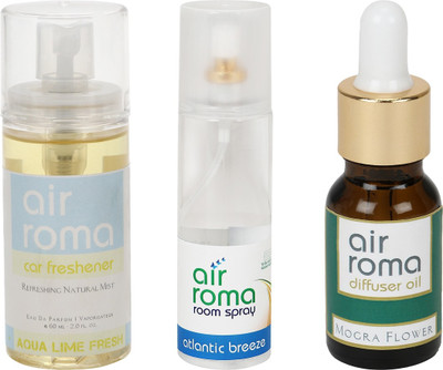

Airroma Aqua Lime Fresh, Atlantic Breeze, Mogra Flower Aroma Oil, Spray(275 ml)