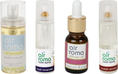 

Airroma Aqua Lime Fresh, Fresh Lavender, Indian Rose, Sweet Sandal Car Freshener(490 ml)