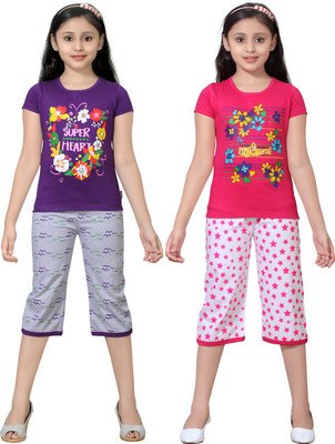 SINI MINI Girls Casual Top Capri(Multicolor)