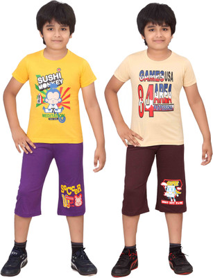Dongli Kids Nightwear Boys Printed Cotton(Multicolor), Purple & brown & gyellow & beige