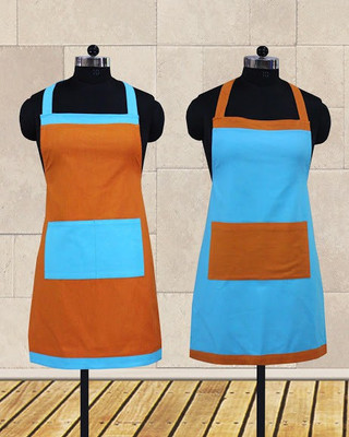 Dekor World Cotton Home Use Apron - Free Size(Blue, Orange, Pack of 2)