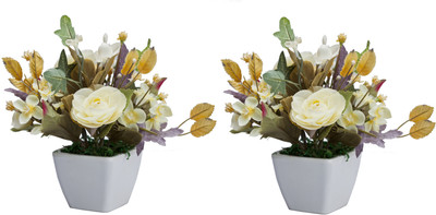 

Home Decor Cream Renunculus Arrangement White Rose Artificial Flower with Pot(5.5 inch, Pack of 2)