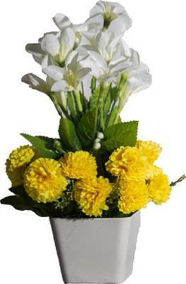 

Magical Petals Yellow, White Marigold Artificial Flower with Pot(8 inch, Pack of 1)