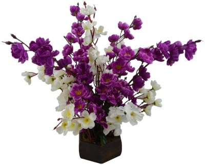 Hyperboles Purple, White Peach Blossom Artificial Flower  with Pot(19 inch, Pack of 1, Flower Bunch)