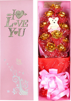 

Jewel Fuel 24K Gold 10 Roses Bouquet And A Teddy With Gift Box Multicolor Rose Artificial Flower(23 inch, Pack of 1)