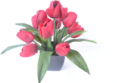 

Home Decor Tulip Arrangement Med Red Tulips Artificial Flower with Pot(15 inches, Pack of 1)