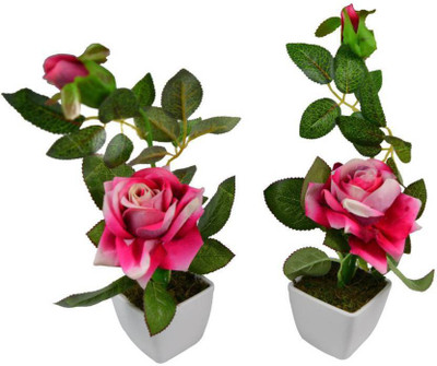 

UC Pink Rose Artificial Flower with Pot(13 inch, Pack of 2)