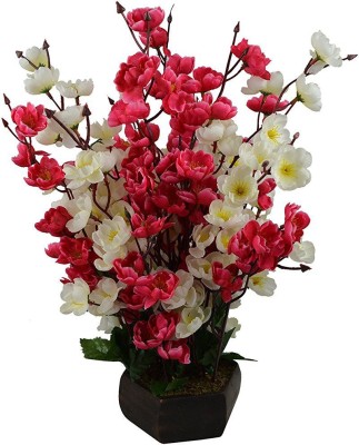 Hyperboles Red, White Peach Blossom Artificial Flower  with Pot(12 inch, Pack of 1, Flower with Basket)