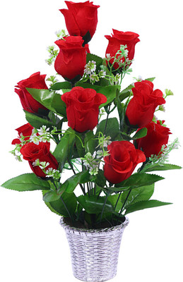 

Kishan Traders Red, Green, Silver Rose Artificial Flower with Pot(18 inch, Pack of 1)