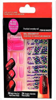 

Ear Lobe & Accessories False Pink Nails With Sticker & Nail Glue Pink(Pack of 24)