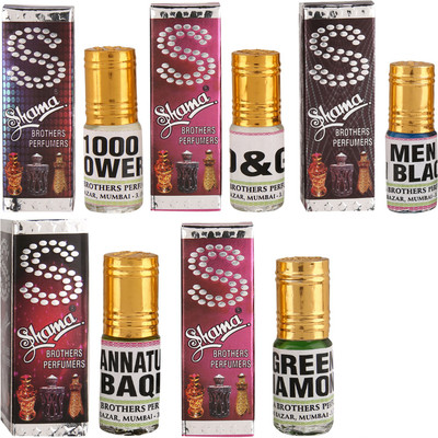 

Shama 3ml each combo of 5 Assorted Fragrance Men In Black, Green Lemon, D&G, 1000, Jannatul Baki Floral Attar(Floral)