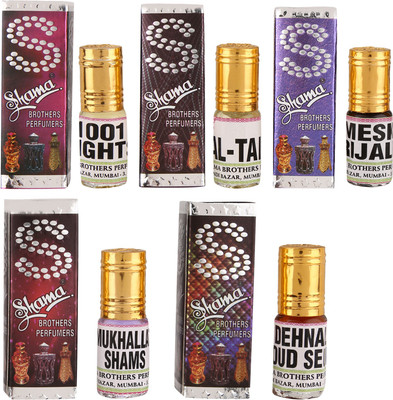 

Shama 3ml each combo of 5 Assorted Fragrance Mukhallat Shamas, Mesk Rijali, 1001 Nights, AlTaiba, Dhnel ooud Floral Attar(Oud (agarwood))
