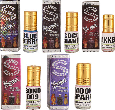 

Shama 3ml each combo of 5 Assorted Fragrance Darker, BlueBerry, Coco Chance, Bond 007, Moon Spark Floral Attar(Floral)