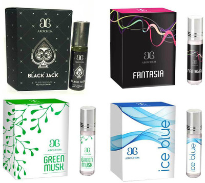 

Arochem Green Musk Ice blue Fantasia Black Jack Combo Floral Attar(Amber)