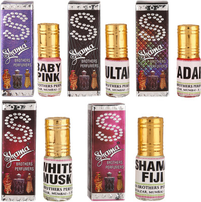 

Shama 3ml each combo of 5 Assorted Fragrance Baby Pink, Sultan, white Musk, Shama Faji, Sadaf Floral Attar(Musk)
