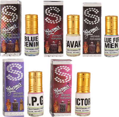 

Shama 3ml each combo of 5 Assorted Fragrance J.P.G, Favak, Victory, Blue Denim, Blue For Men Floral Attar(Floral)