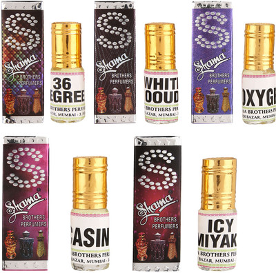 

Shama 3ml each combo of 5 Assorted Fragrance 36 Degree, White oud, Oxygen, Casino, Icy Miyaky Floral Attar(Dehn el oud)