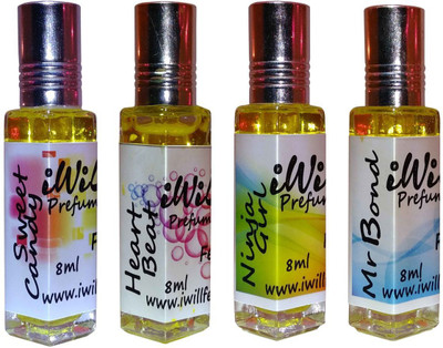 iwill Premium Sweet Candy, Heart Beat, Ninja Girl, Mr Bond Non Alcoholic Fancy Perfume 32 ml Pack Floral Attar(Spicy) available at flipkart for Rs.359