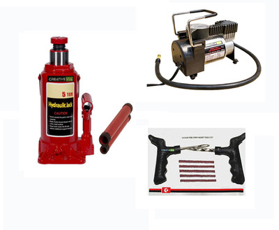

Creative Via 3 Ton Hydraulic Car Jack + AutoCut-OFF Premium Metal Air Compressor + Tyre Punture Repair Kit Combo