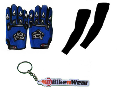 Bikenwear 1 Knighthood Gloves-Blue, 1 Arm Sleeves-Black, 1 Bikenwear Keyring Combo