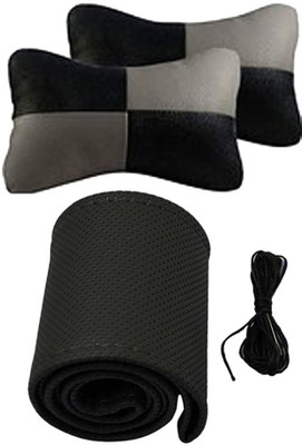 Allure Auto 1 Leatherite Car Steering Cover, 1 Pair Of Neck Rest Combo