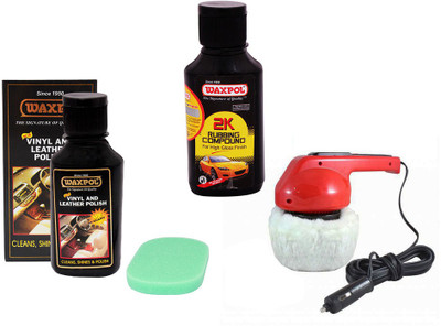 

Waxpol 1 Car Polisher, 1 Waxpol Leather & Dashboard Polish, 1 Waxpol 2K Rubbing Compound Combo
