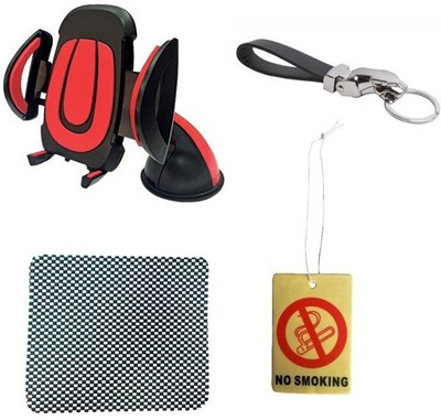 

ManeKo 1 Red Black Universal Car Mobile Holder, 1 Non Slip Mat For Car Dashboard, 1 Jaguar Leather Metal Keychain, 1 Car Air Freshener Combo