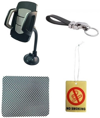 

ManeKo 1 360 Degree Bending Neck Car Mobile Holder, 1 Non Slip Mat For Car Dashboard, 1 Jaguar Leather Metal Keychain, 1 Car Freshener Combo