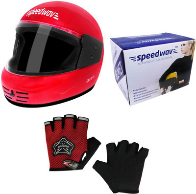 

Speedwav 1 Full Face Bike Riding Helmet-Red, 1 Knighthood Half Riding Gloves-Red Combo