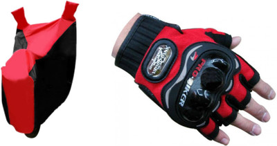 Gking Red & Black Bike Body Cover With Half Red Probiker Full Gloves Combo