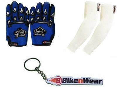 

Bikenwear 1 Pair Gloves-Blue(Free Size), 1 Pair Arm Sleeve-Cream,1 Keyring Combo