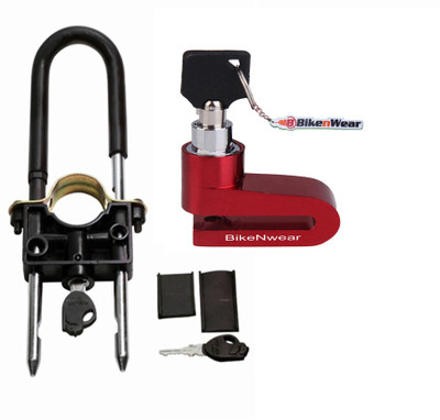

Bikenwear 1 Front Wheel Lock-Black, 1 Disc Brake Lock-Red Combo