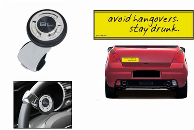 Black Label 1 Combo Of Car Bumper Sticker-AVOID HANGOVERS, 1 Black Label Steering Knob-Chrome Combo
