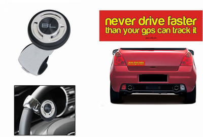 

Black Label 1 Combo Of Car Bumper Sticker-NEVER DRIVE FASTER, 1 Steering Knob-Chrome Combo